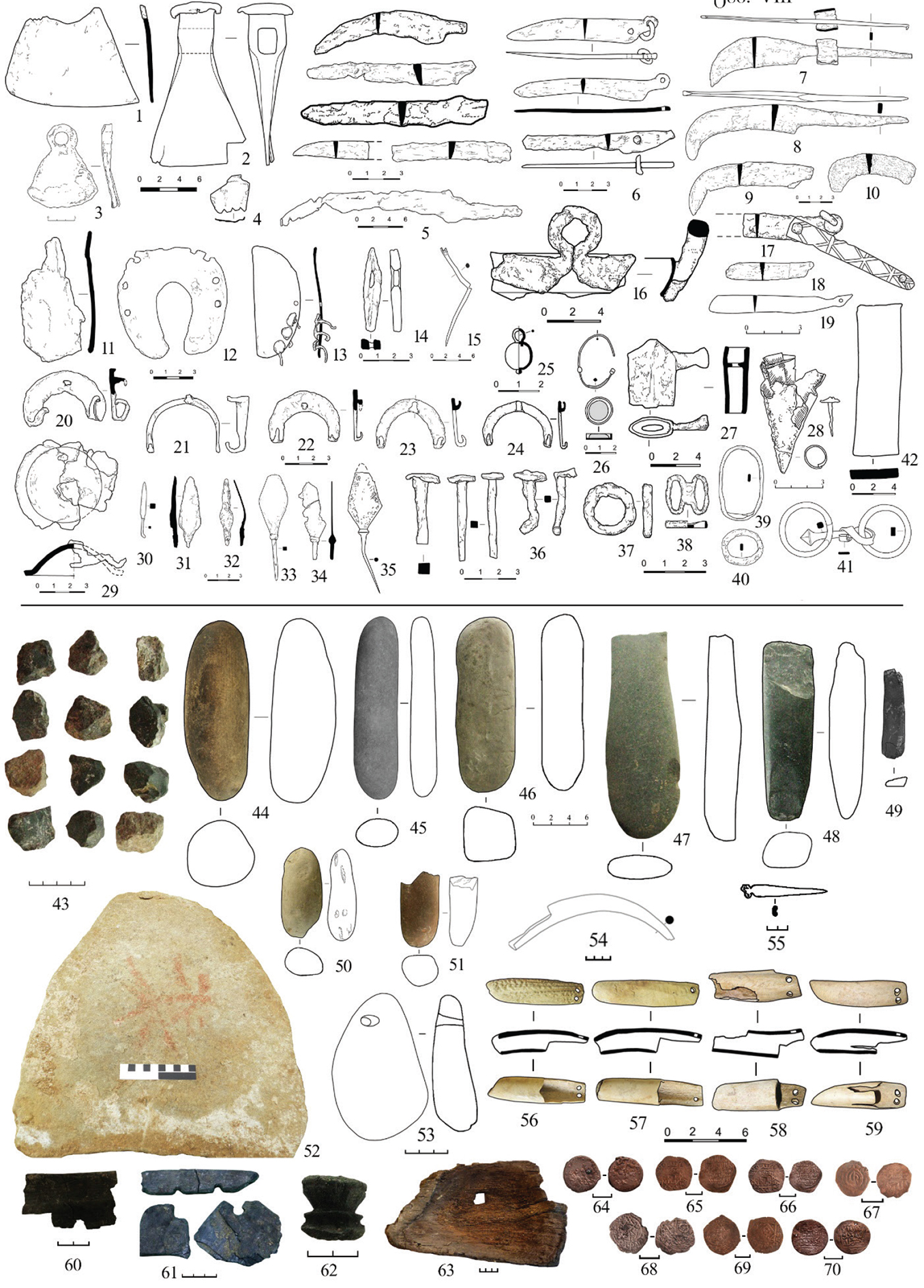 Items made of iron, stone, bone and coins