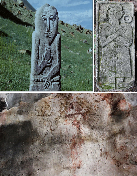 სარხის ქანდაკება და საფლავის ქვა ხელის ტრაფარეტებით