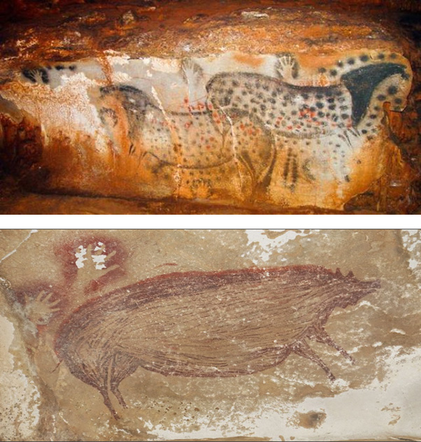 ხელის მტევნების ანაბეჭდები პეშ მერლის მღვიმიდან და ლეანგ ტენდონგეს მღვიმიდან